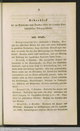 Ueberblick der im Schuljahre vom October 1841 bis October 1842 behandelten Lehrgegenstände