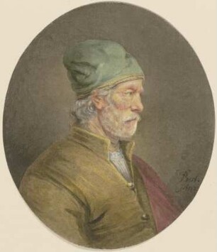 Alter Mann mit weißem Schnurrbart, grüner Mütze und gelbem Wams im Profil nach rechts