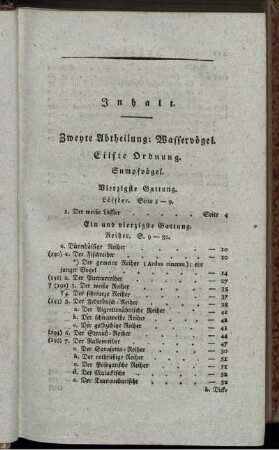 Inhalt. Elfte Ordnung. Zweyte Abtheilung: Wasservögel. Sumpfvögel.