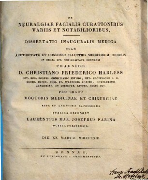 De neuralgiae facialis curationibus variis et notabilioribus : dissertatio inauguralis medica