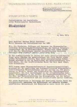 Grußschreiben der Technischen Hochschule Karl-Marx-Stadt an Erich Honecker anlässlich des 25. Jahrestages der DDR