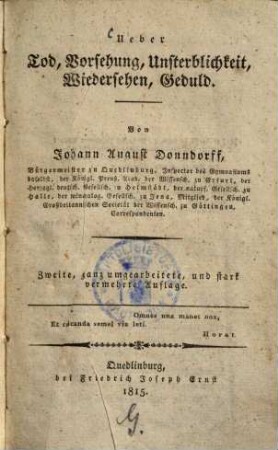 Ueber Tod, Vorsehung, Unsterblichkeit, Wiedersehen, Geduld