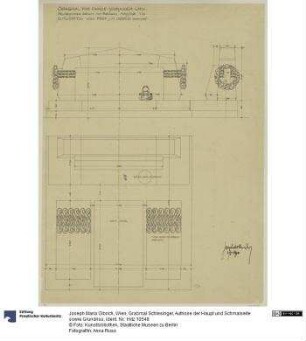 Wien, Grabmal Schlesinger, Aufrisse der Haupt und Schmalseite sowie Grundriss