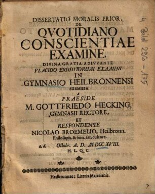 Dissertatio Moralis ... De Qvotidiano [Quotidiano] Conscientiae Examine, 1.
