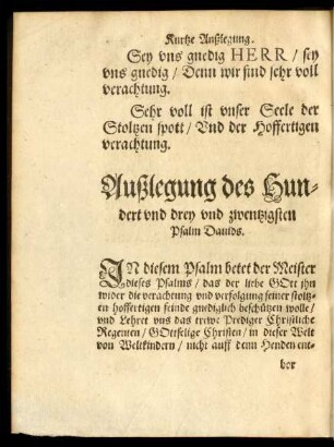 Außlegung des Hundert und drey und zwentzigsten Psalm Davids.