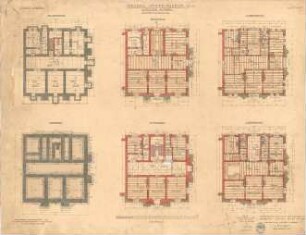 Mellinger, Ludwig von; München; Armeemuseum - 1. Variante - Neubau, Kopfbau Süd (Grundriss Fundament, Grundriss Keller, Grundriss UG,Grundriss EG, Grundriss 1. OG, Grundriss 2. OG)