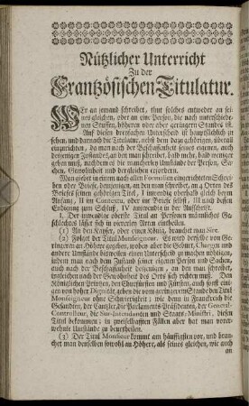 Nützlicher Unterricht Zu der Frantzösischen Titulatur