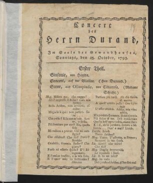 Concert des Herrn Durand, Im Saale des Gewandhauses, Sonntags, den 25. October, 1795.
