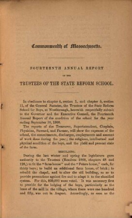 Annual report of the trustees of the State Reform School at Westborough : together with the annual reports of the officers of the institution. 14. 1860