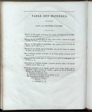 Table des Matières contenues dans le Premier Volume.