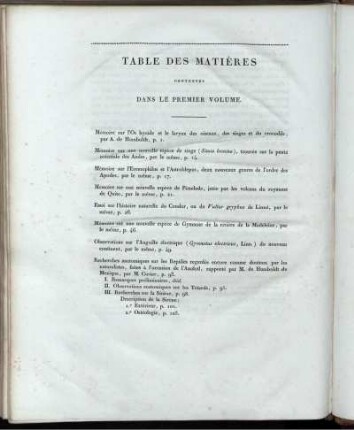Table des Matières contenues dans le Premier Volume.