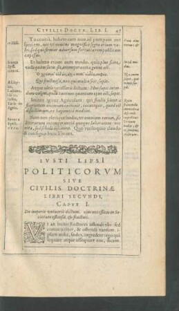 Iusti Lipsii Politicorum Sive Civilis Doctrinae Libri Secundi.
