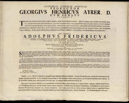 Academiae Georgiae Avgvstae Prorector Georgivs Henricvs Ayrer, D. Cvm Senatv Civibvs S. : Tertium suum saeculum condere parat, auspicari quartum, Regia Grypeswaldensis Academia ... ; ... die 10. Augusti, Anno MDCCLVI. ...