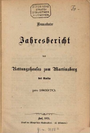 Jahres-Bericht des Rettungshauses zum Martinsberg, 19. 1869/70