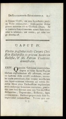 Caput IV. Veritas praesentiae realis Corporis Christi in Eucharistia ex priorum Seculorum Ecclesiae, & SS. Patrum Traditione demonstratur