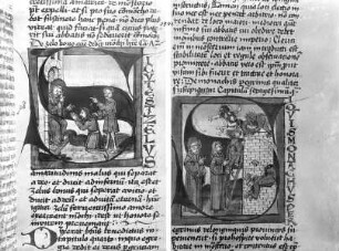 Stephan von Paris, Auslegung der Regel des heiligen Benedikt — Initiale S (icut est), darin Benedikt sieht einem Pilger den Bruch des Fastens an, Folio 123recto