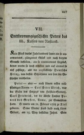VII. Entthronungsgeschichte Peters des III., Kaisers von Rußland