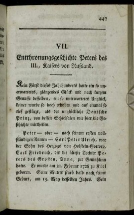 VII. Entthronungsgeschichte Peters des III., Kaisers von Rußland