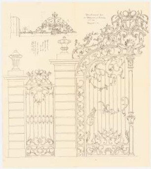 Schmiedeeisernes Tor im Schlossgarten Karlsruhe / Schmiedeeisernes Grabkreuz, Unkel: Schlossgarten: Schmiedeeisernes Tor 1:10. Schmiedeeisernes Grabkreuz