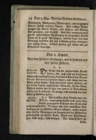 Das 2. Capitel. Von den Fiebern überhaupt, und besonders von den kalten Fiebern.