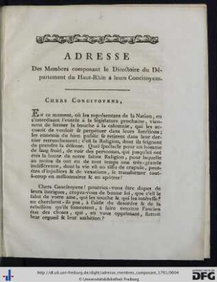Adresse des Membres composant le Directoire du Département du Haut-Rhin à leurs Concitoyens.