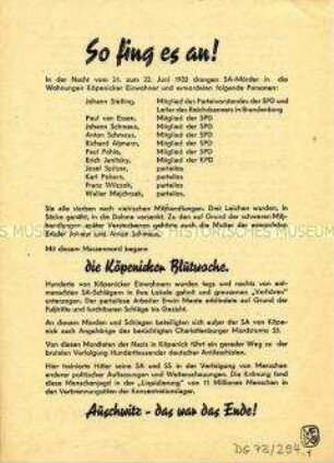Propagandaflugblatt der Berliner VVN zum Jahrestag der "Köpenicker Blutwoche"