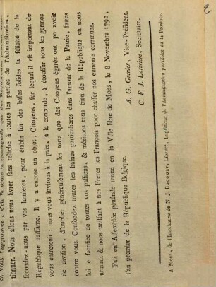 Les Administrateurs Provisoires Élus librement par le Peuple de Mons, à leurs Concitoyens : ... Fait en Assemblée générale ... le 8 Novembre 1792, ...