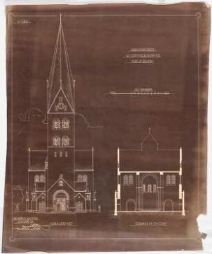 St. Antonius von Padua, Wickede Erweiterung: Querschnitt und Portalansicht der Kirche mit Turmerweiterung 1:100