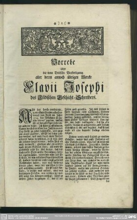 Vorrede Uber die neue Teutsche Verfertigung aller deren annoch übrigen Wercke Flavii Josephi des Jüdischen Geschicht-Schreibers