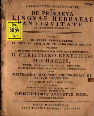 Dissertatio Inavgvralis, Qva De Primaeva Lingvae Hebraeae Antiqvitate : Probabiliter Disseritvr