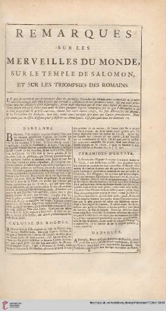 Remarques sur les merveilles du monde, sur le temple de Salmonon, et sur les triomphes des Romains