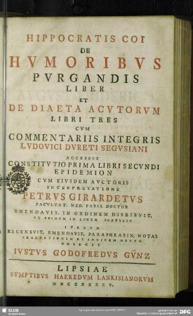 Hippocratis Coi De Humoribus Purgandis Liber Et De Diaeta Acutorum Libri Tres