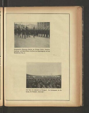 Bürgermeister Krogmann schreitet mit Senator Richter, Gauleiter Kaufmann und Oberst Simon die Front der Ehrenkompanie auf dem Adolf-Hitler-Platz ab.