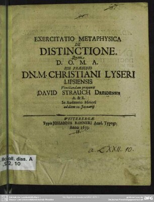 Exercitatio metaphysica de distinctione