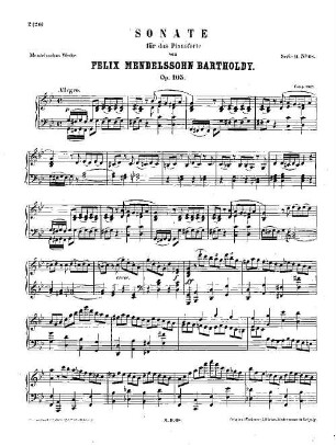 Felix Mendelssohn-Bartholdys Werke, 11,68. Nr. 68, Sonate : op. 105 in G[moll]. - 15 S. - Pl.-Nr. M.B.68