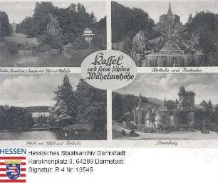 Kassel, Wilhelmshöhe / Antikes Tempelchen mit Blick auf den Herkules / Herkules und Kaskaden / Schloss mit Blick auf den Herkules und Löwenburg