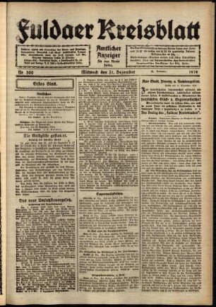 Erste Ausgabe vom Mittwoch, den 31. Dezember 1919.