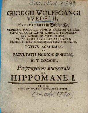 Georgii Wolffgangi VVedelii ... Propempticon Inaugurale De Hippomane I.