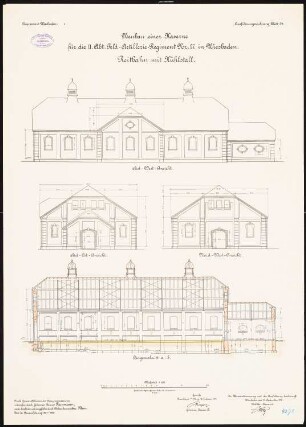 Artilleriekaserne II/27, Wiesbaden: Reitbahn mit Kühlstall: Aufriss Nordwestansicht, Südostansicht, Südwestansicht, Längsschnitt 1:100