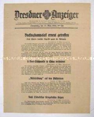 Nachrichtenblatt "Dresdner Anzeiger" u.a. zu Bombenschäden am Buckingham-Palace nach schweren deutschen Luftangriffen gegen Großbritannien