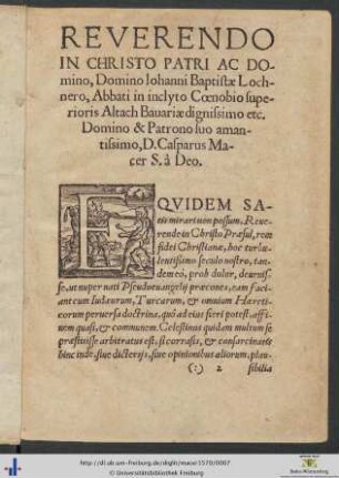 Domino Iohanni Baptistæ Lochnero Dominus Casparus Macer Salutem à Deo
