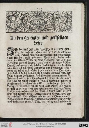 An den geneigten und gottseligen Leser