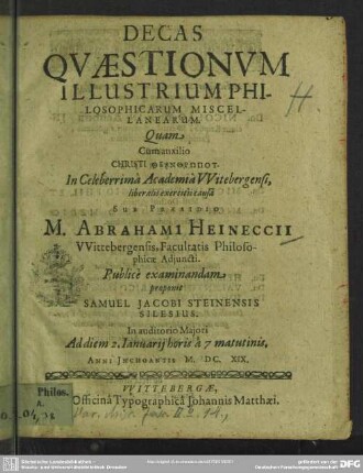 Decas quaestionum illustrium philosophicarum miscellanearum