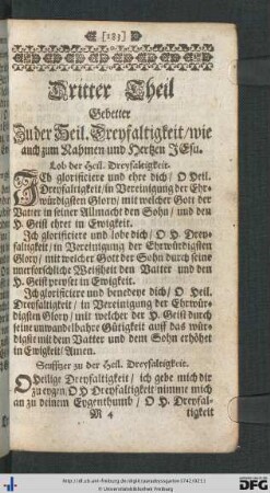 Dritter Theil. Gebetter Zu der Heil. Dreyfaltigkeit wie auch zum Nahmen und Hertzen Jesu.