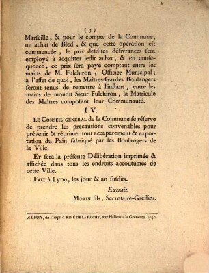Délibération du Conseil Général de la commune de la ville de Lyon : du Lundi 14 Juin 1790