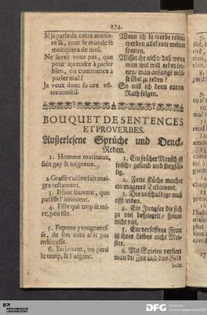 Bouquet De Sentences Et Proverbes. Außerlesene Sprüche und Denck-Reden.