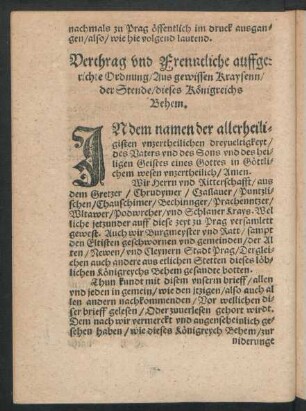 Verthrag und Frenntliche auffgerichte Ordnung/ Aus gewissen Kraysenn/ der Stende/ dieses Königreichs Behem.