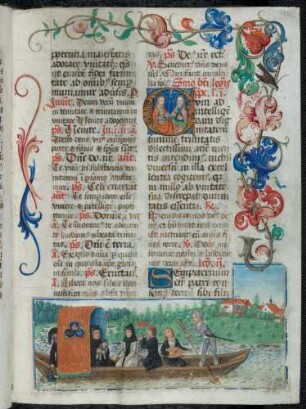Bas-de-page-Miniatur: Bootsfahrt des Abtes Johannes Stantenat; historisierte Initiale: C(um), Trinität; Rankenbordüre
