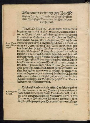 Uberantworttung der Brieffe beyder Königen/ durch yre Bottschafften dem Babst/ zu Bononia/ in offentlichem Consistorio.