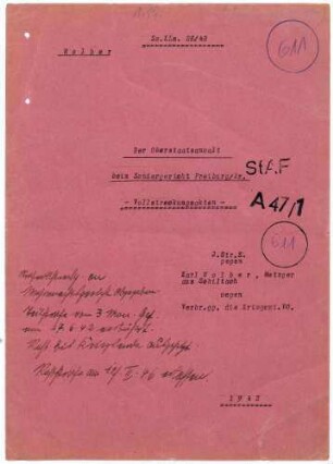 Angeklagter: Wolber, Karl Christian (Metzger), Schiltach *05.09.1908 in Schiltach; + ? Delikt: Verbrechen gegen die Kriegswirtschaftsverordnung Kriegsschädliches Verhalten Tatort: Schiltach Tatzeit: März-September 1941